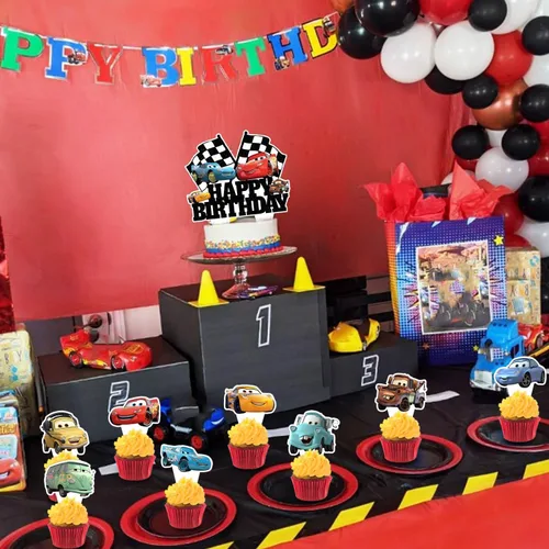 Vista 4 de Suministros de fiesta de automóvil de dibujos animados de 5 x 3 pies, telón de fondo de automóvil Maqueen, pancarta de fiesta de feliz cumpleaños