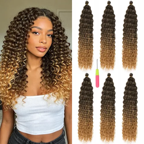 Vista 12 de Extensiones de cabello ondulado con ganchillo Ocean Wave de 18 pulgadas, 6 paquetes, extensiones de cabello de ganchillo sueltas de onda profunda #1B
