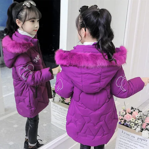 Vista 5 de Chaqueta cálida de invierno para niñas, rompevientos con capucha de piel suave, patrón de dibujos animados