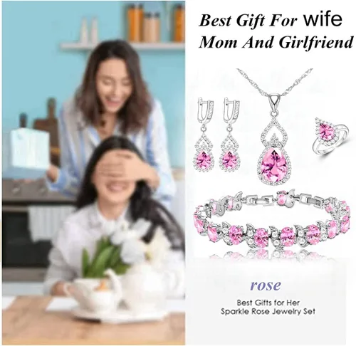 Vista 2 de LMXXVJ Juego de joyas para mujer, collar chapado en platino, anillo abierto, aretes, pulsera, para cumpleaños, aniversario, día de la madre, regalos