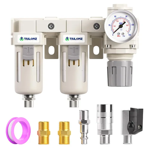 Vista 16 de TAILONZ PNEUMATIC Regulador de presión de filtro de aire de drenaje automático NPT de 1/2 pulgada Combo Piggyback, filtro compresor de herramienta