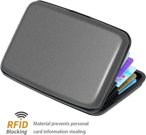 Vista 3 de Coco Rossi Portatarjetas de crédito con bloqueo RFID, mini tarjetero delgado de aluminio duro para hombres o mujeres, Gris (Space Grey)