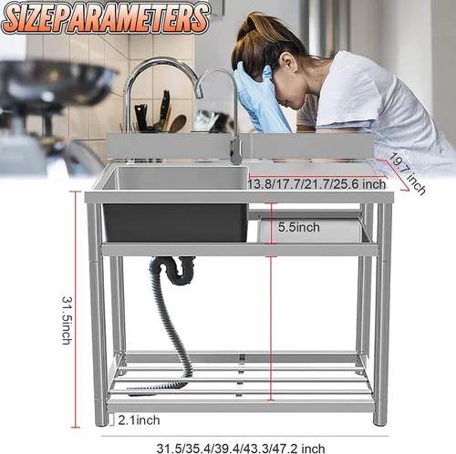 Vista 8 de Fregadero de restaurante comercial, fregadero de cocina utilitario, con grifo y estantes de almacenamiento dobles de acero inoxidable, fregadero