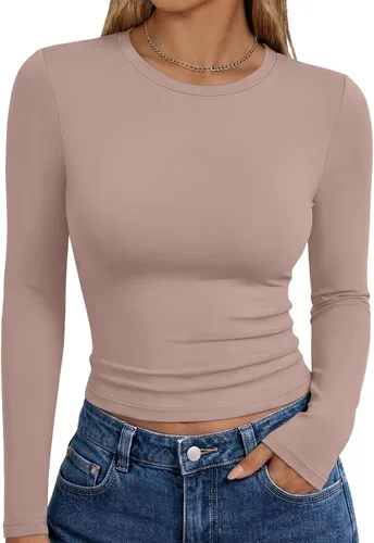 Vista 26 de Trendy Queen Camisetas de manga larga para mujer, camisetas básicas de Verde militar