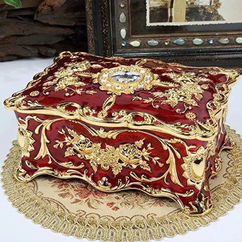 Vista 9 de Joyero rectangular de aleación de metal vintage de lujo, caja de almacenamiento con patrón de rosas para mujeres, niñas, diseño de dos capas, dorado