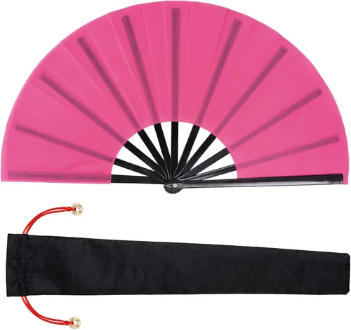 Vista 10 de Nydotd Paquete de 1 abanico grande de mano plegables de nailon plegable con funda de soporte para hombres y mujeres, línea de actuación, danza, kung