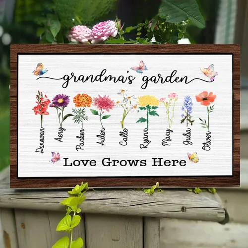 Vista 38 de Nazenti Letrero personalizado con marco de jardín de la abuela con nombres de nietos y flor de nacimiento para regalo del día de la madre, regalos