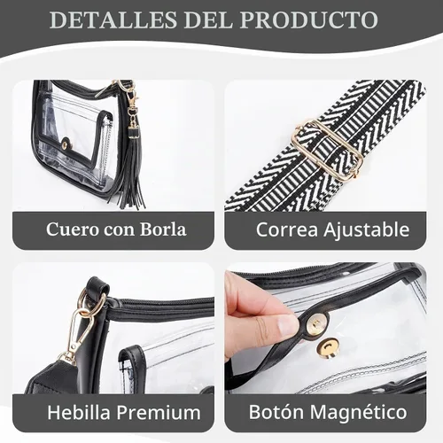 Vista 6 de Bolsa transparente para eventos de estadio, monederos transparentes para mujer, bandolera aprobada para estadios Negro