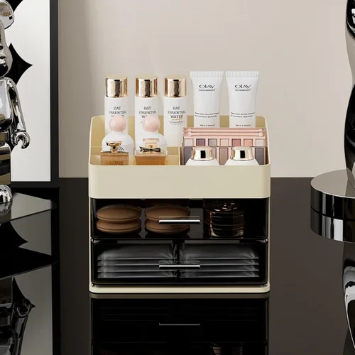 Vista 4 de Organizador de maquillaje para tocador, organizador de tocador con 2 cajones, organizadores de maquillaje y cuidado de la piel, vitrina de Crema