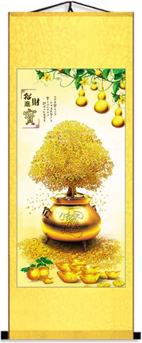 Vista 6 de Zzooi Feng Shui - Arte de pared de árbol del dinero, árbol de monedas, árbol del tesoro, pergamino de seda, póster de seda colgante de fortuna