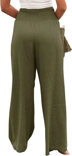 Vista 6 de Pantalones de lino de primavera para mujer, pantalones casuales palazzo, cintura alta, bohemios, piernas anchas, holgados, con bolsillo