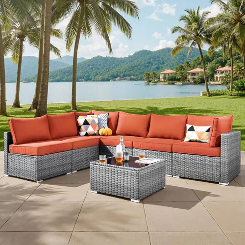 Vista 33 de ovios Juego de muebles de patio al aire libre de 5 piezas con mesa de café, conjunto seccional de muebles de patio con sofá de mimbre para todo tipo