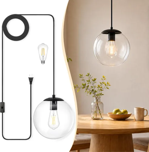 Vista 38 de KoKo&Yukina Luces colgantes modernas de globo de vidrio dorado de 6 pulgadas, paquete de 2 lámparas colgantes de vidrio transparente de mediados