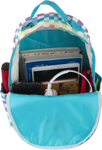 Vista 3 de Emma & Chloe Mochilas de vinilo impermeables para viajar y viajar al trabajo, Tablero de ajedrez arcoíris, Mochila casual