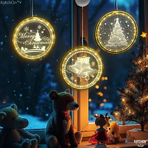 Vista 6 de KatchOn, Decoraciones navideñas iluminadas para ventanas de interiores, paquete de 3 unidades, Papá Noel, renos y árbol de Navidad para decoración
