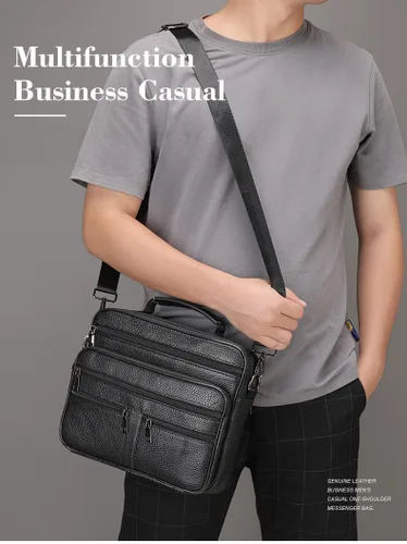 Vista 6 de Maletín de cuero genuino para hombre, bolsa de hombro para oficina de negocios con bolsillos con cremallera, color negro