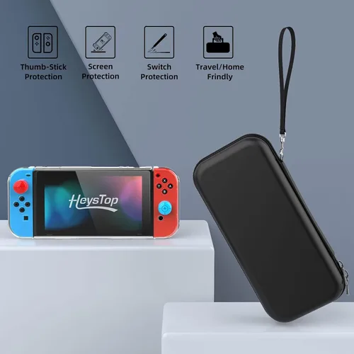 Vista 5 de Heystop - Funda de transporte para Nintendo Switch con protector de pantalla 9 en 1 kit de accesorios para Nintendo Switch y 6 unidades de agarre
