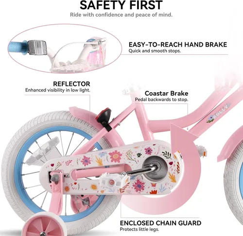 Vista 3 de RULLY 12 14 16 Inch Girls Bike for 2-7 Year Olds, Daisy Kids Bicycle with Training Wheels, Basket & Doll Seat, Retro Toddler Bike with Coaster