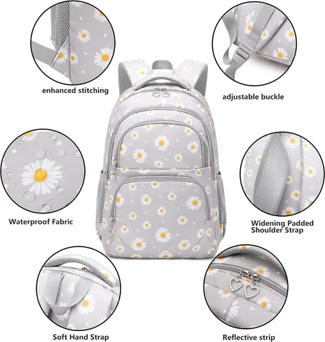 Vista 4 de Mochila para niñas y niños, mochila para la escuela primaria, bolsas para adolescentes y niñas con juego de lonchera (gris margarita)