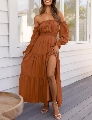 Vista 121 de ZESICA - Vestido largo, bohemio y sexy, con hombros descubiertos y manga larga fruncida, con elástico fruncido, cintura alta y abertura lateral