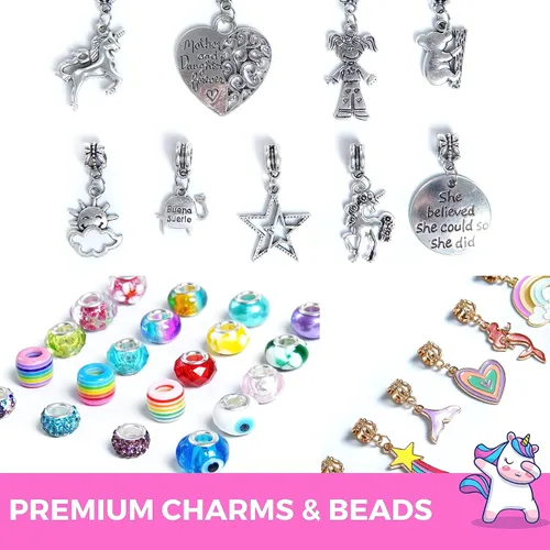 Vista 4 de Modda Kit de fabricación de pulseras con dijes de unicornio, kit de joyería con temática de unicornio con dijes, cuentas, bolsa para niñas de 8 a 12