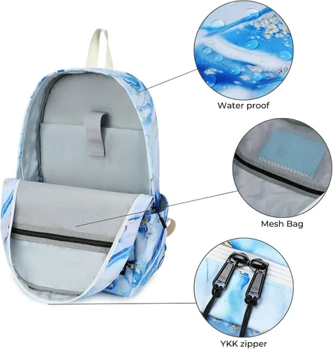 Vista 4 de Imyth Mochila para adolescentes y niñas, regalo escolar, bolsa de almuerzo, bolsa de lápices 3 en 1 (azul mármol)