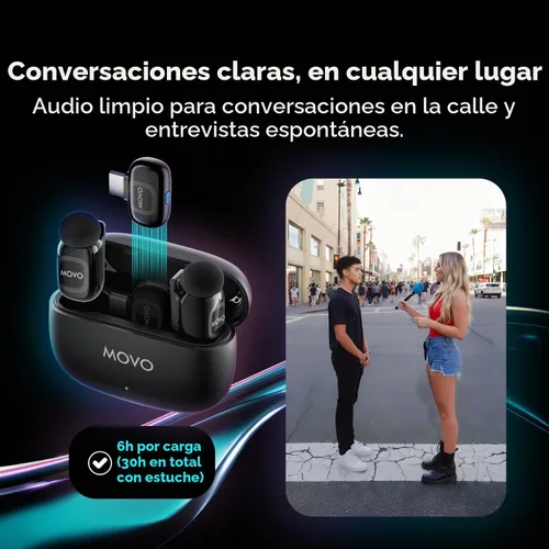 Vista 4 de Movo Kit de micrófono inalámbrico USB-C NanoMic con mango de entrevista, micrófono de entrevista de calle dual para iPhone 15/16/17+, Android y iPad