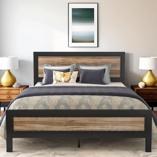 Vista 7 de MUTICOR Base de cama matrimonial con cabecera de madera, plataforma de estilo industrial con decoración de remaches y diseño esmerilado, base
