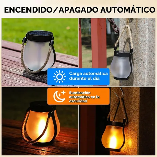 Vista 6 de Faroles solares impermeables para exteriores, paquete de 2 faroles solares de llama bailarina, luces para exteriores, funciona con USB/energía