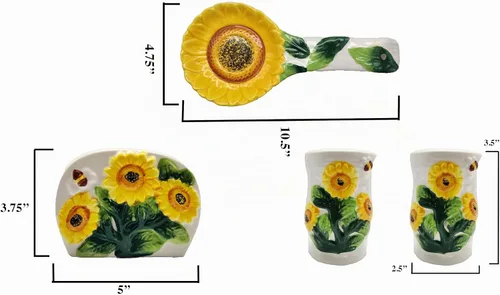 Vista 3 de Country Sunflower Painted Stove Top Set, salero y peper shaker, servilletero, cuchara resto 83025/28 by ACK Girasol país