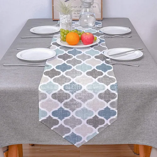 Vista 4 de Camino de mesa Marruecos de 36 pulgadas de lino y algodón, diseño geométrico marroquí a cuadros azul y gris, decoración de mesa de granja, bufandas