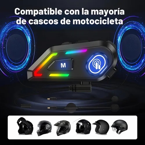 Vista 5 de Auriculares Bluetooth para casco con luces RGB para conductores, altavoces de casco con micrófonos duales, llamadas manos libres, música, IPX5