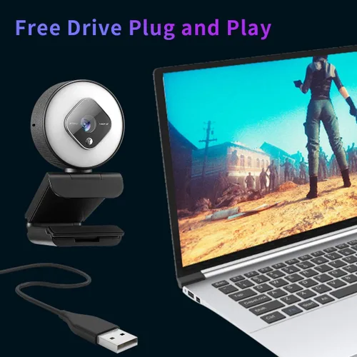 Vista 5 de Cámara web 1080P para PC con luz de anillo y micrófono dual, cámara web de enfoque automático para transmisión, cámara web de brillo ajustable