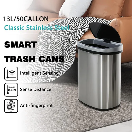 Vista 2 de PayLessHere Cubo de basura de 13 galones / 50 litros de acero inoxidable sin contacto, cubo de basura de forma ovalada para oficina, cubo de basura