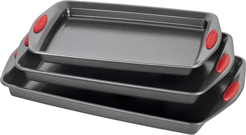 Vista 15 de Rachael Ray Bakeware - Juego de bandejas antiadherentes para galletas, 3 piezas, gris con agarres azul agave