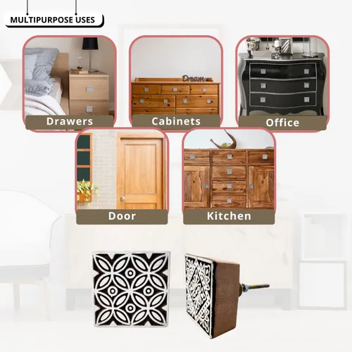 Vista 5 de Hashcart Pomos de madera para gabinetes de cocina, juego de 6 pomos tallados a mano con diseño floral para gabinete y cajón, color marrón