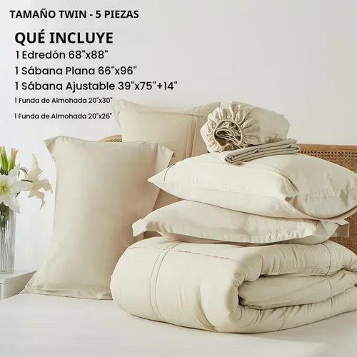 Vista 6 de Yogeneg Juego de edredón tamaño Twin de 5 piezas en una bolsa, juego de ropa de cama Twin con diseño de cuadrícula y pliegues beige, juego