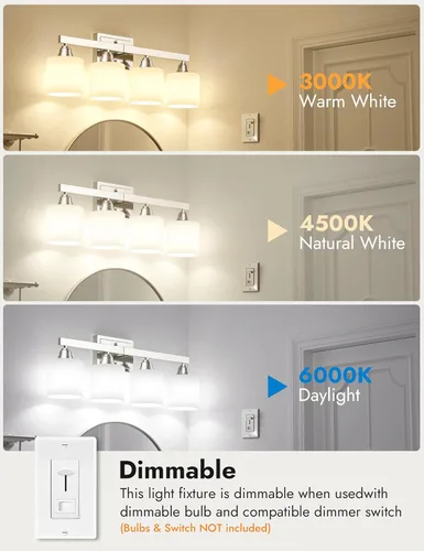 Vista 5 de VOLISUN Accesorios de iluminación de baño de níquel cepillado, 4 luces de cambiador de baño sobre espejo, lámpara de tocador moderna para baños