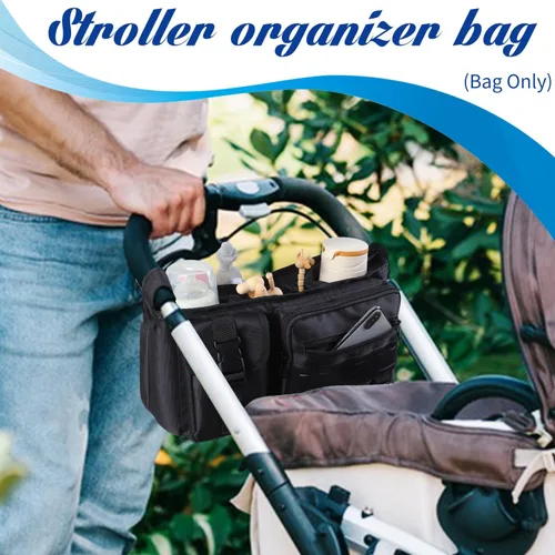 Vista 7 de Organizador de cochecito con portavasos aislado, organizador universal para cochecito de bebé, bolsillos con cremallera para teléfono, correas
