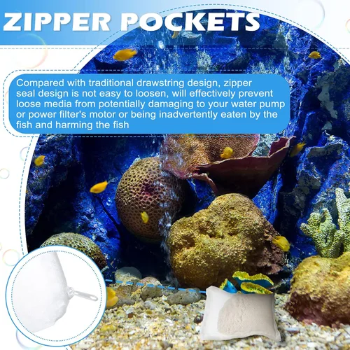 Vista 3 de Shappy 15 bolsas de malla de filtro de acuario de 3 tamaños, 150 micrómetros de filtro fino, bolsas con cremallera para biosferas de carbón