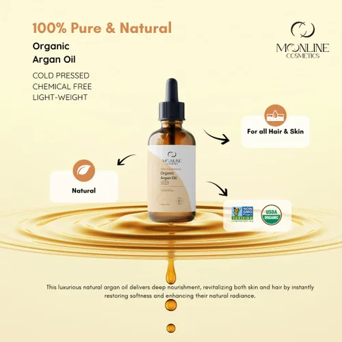Vista 2 de Aceite de argán marroquí orgánico puro para el cabello, la cara y la piel. Promueve el crecimiento del cabello y la piel suave