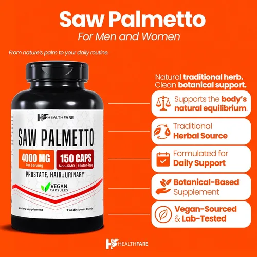 Vista 2 de Healthfare Extracto de palma enana americana 150 cápsulas veganas Suplemento herbario extra fuerte Sin OMG, sin gluten Fabricado en Estados