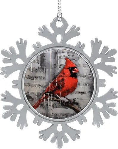 Vista 10 de El cardenal rojo se sienta en una rama de pino en el invierno, adornos de Navidad de copo de nieve de metal, patrón de pájaro cardenal, regalo