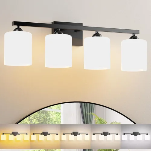 Vista 14 de Quntis Lámparas de baño de níquel cepillado con 5 modos de color, lámpara de tocador de baño moderna regulable de 3 luces sobre espejo, lámpara