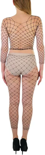 Vista 2 de ToBeInStyle Conjunto de red de elastano para mujer, camiseta corta y medias para fiesta