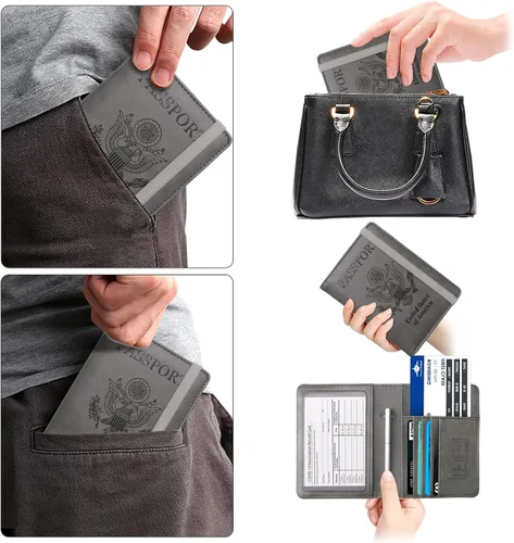 Vista 7 de WALNEW - Cartera para pasaporte de viaje, funda para pasaporte con bloqueo RFID, color gris