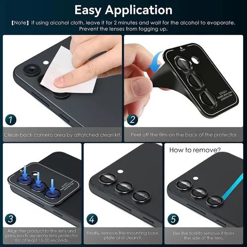 Vista 6 de Protector de lente de cámara para Galaxy S23 FE, vidrio templado 9H antiarañazos con borde de aluminio, anillo protector de pantalla de lente