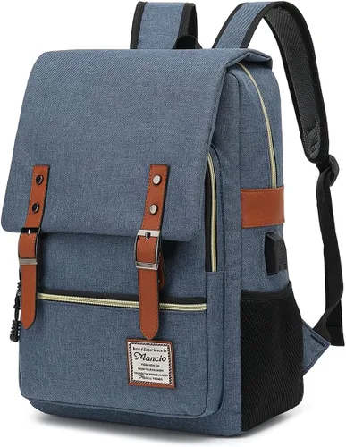 Vista 9 de Mancio Mochila vintage delgada para laptop para mujeres y hombres, bolsa universitaria de negocios resistente a desgarros con puerto de carga USB