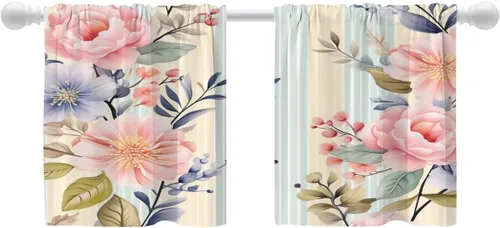 Vista 159 de Shrahala Beige and Orange Abstract Art Brushstrokes Blackout Curtain Tiers, Abstract Oil Paint Kitchen Valance Light Blocking Tier Drapes with Rod