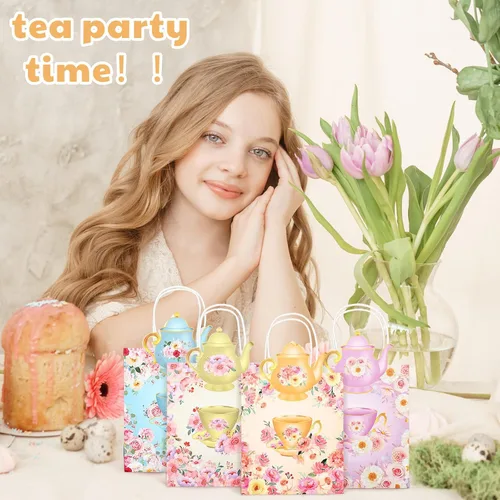 Vista 7 de Lincia Paquete de 24 bolsas de regalo de fiesta de té, decoraciones de tazas de té, bolsas florales para golosinas con asas y diseño de tetera